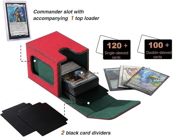 Venssu MTG Deck Box with Commander Display, Card Deck Box Fits 100 Double Sleeved Cards, TCG with 2 Dividers and 1 Toploader (Red and Green)