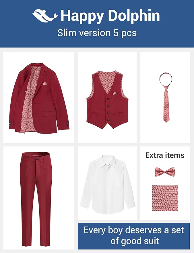 Happy Dolphin Boys Suit Set Modern Fit Kids Suits Adjustable Waist Boys Wedding Outfit for Boy Communion Suits for Boys