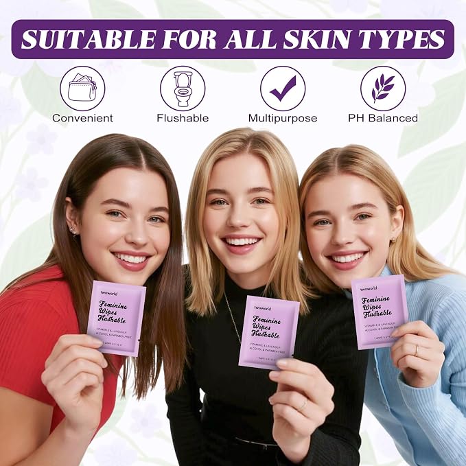 twoworld 200 Feminine Wipes Individually Wrapped,Flushable Wipes Travel | Feminine Care Vaginal Wipes for Adult,Women,Girl and Homeless(Lavender)