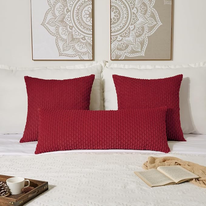 Kevin Textile Soft Corduroy 14"x36" Lumbar Pillow Cover 1 Pack, Burgundy | Boho Stripe Plush Corduroy Decorative Oblong Cushion Cover Modern Farmhouse Home Decor for Sofa Couch Bed Chair
