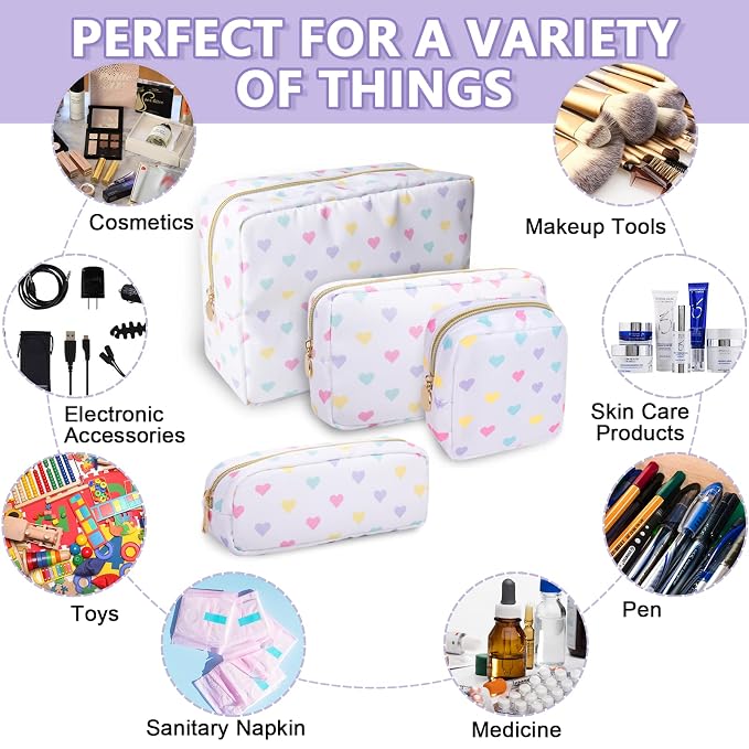 Large Makeup Bag Pouch, Nylon Women Travel Toiletry Storage Bag Big Makeup Organizer Bag for Girls, Preppy Cosmetic Bag Cute Zipper Pouch Skincare Bag for Sport School Work Gift(Large-White Heart)