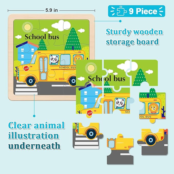 Wooden Puzzles for Toddlers, 9 Pieces Vehicle Jigsaw Puzzles for Kids Ages 3-5 4-6, Preschool Learning Activities, Learning & Educational Toys, Gifts for Boys, Girls (8 Pack)