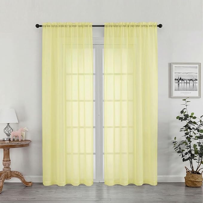 OWENIE Sheer Curtains 72 Inches Long 2 Panels Set, Modern Light Filtering Sheer Curtain Rod Pocket Clear Drapes for Window Sliding Door, Light Yellow, 2 Pcs Each 42 x 72 Inch