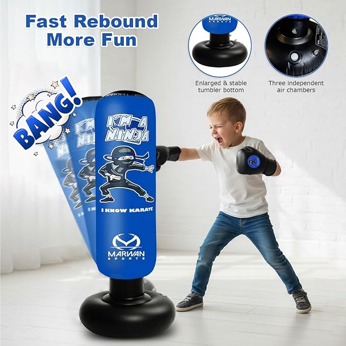 Marwan Sports 5-in-1 Inflatable Punching Bag for Kids – 63" Karate Toy Set with Boxing Gloves, Durable Fast Rebound, Active Play Christmas/Birthday Gift for Boys & Girls Ages 4-12