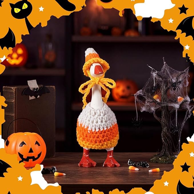 Halloween 7inch Desk Goose Outfits Mini Knitted Costume with Hat for Desk Magnetic Goose Key Holder Halloween Decor (Witch)(1 Set,Candy Cone)
