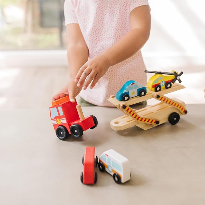 Melissa & Doug Emergency Vehicle Carrier Wooden Truck with 4 Rescue Vehicles