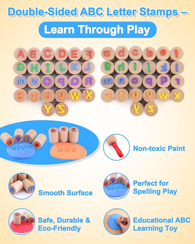 Wooden Dough Tools Kit for Kids, Dough Accessories with Rolling Pins, Pizza Cutter, Safety Scissors & 26 Letter Stamps, Educational Alphabet Learning Toys Gift for Toddlers Ages 3–6