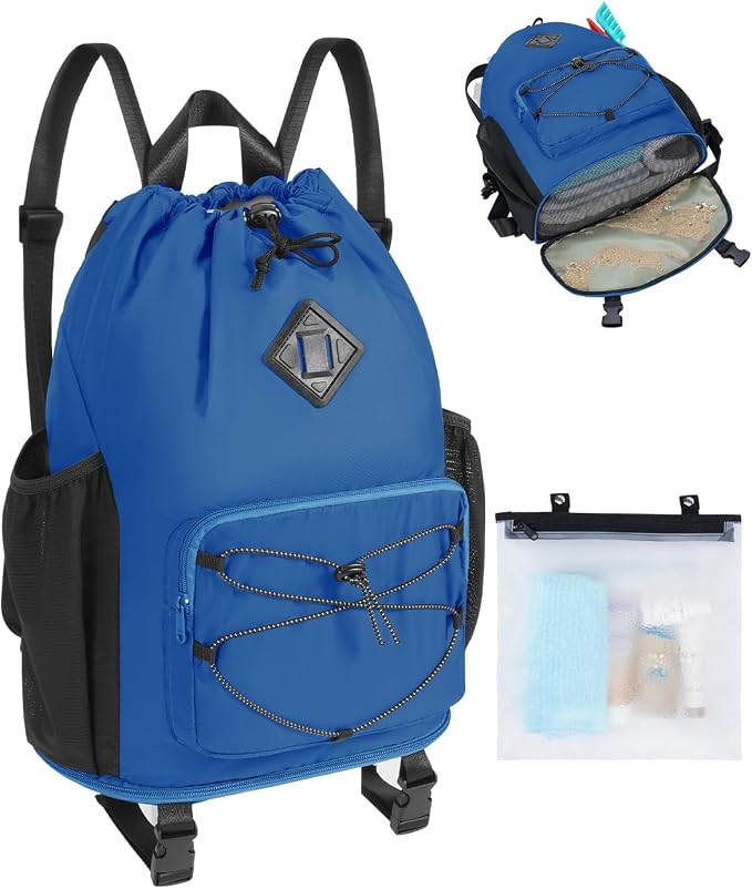 WANDF Drawstring Backpack with Removable Wet Pocket, Sandproof Beach Backpack with Bottom Compression Strap for Beach Mat, Swim Bag for Pool, Gym, Travel and Workout Gear (Navy Blue)