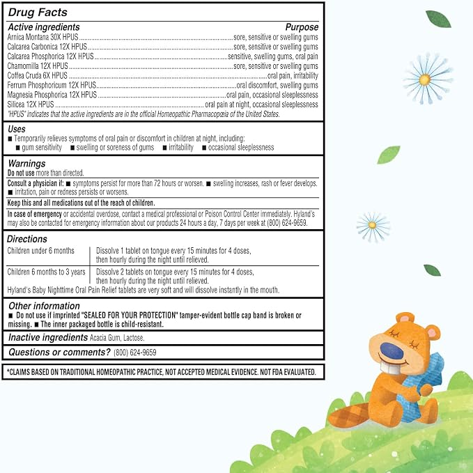 Hyland's Baby Nighttime Oral Pain Relief Tablets - 125-Count, Up to 62 Doses - Baby and Toddler Soothing Tablets with Chamomile for Discomfort, Irritability & Swelling