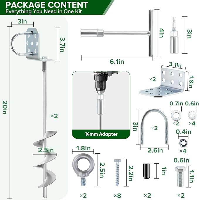 Swing Set Anchors 20" – Heavy Duty Ground Anchors Screw in with L-Brackets & Drill Adapter, Fully Welded Spiral Earth Anchor for Storage Sheds, Trampoline, Fence, Carports