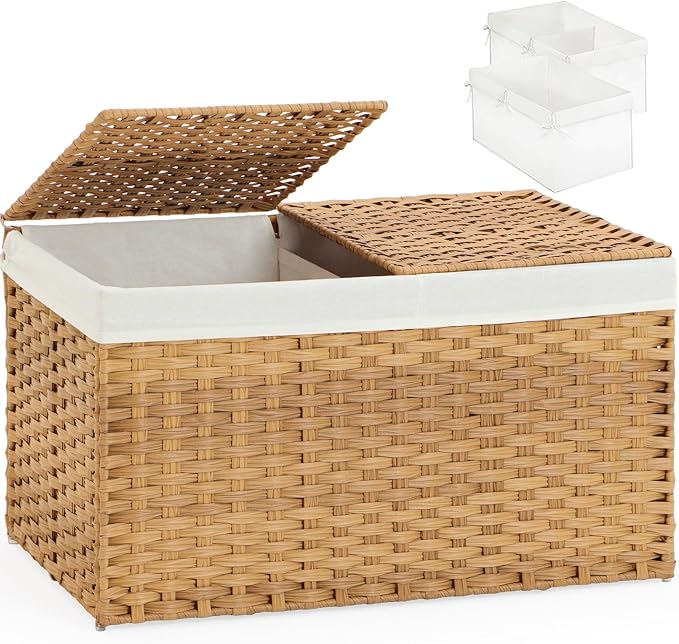 SETVSON Storage Basket with Lid Rattan Woven Storage Baskets with 2 Separate Lids, 17.2 Gallon (65 L), 22 x 13 x 13.8 Inches,Foldable, 2 Removable Liner Bags Handles for Bedroom, Laundry Room Natural