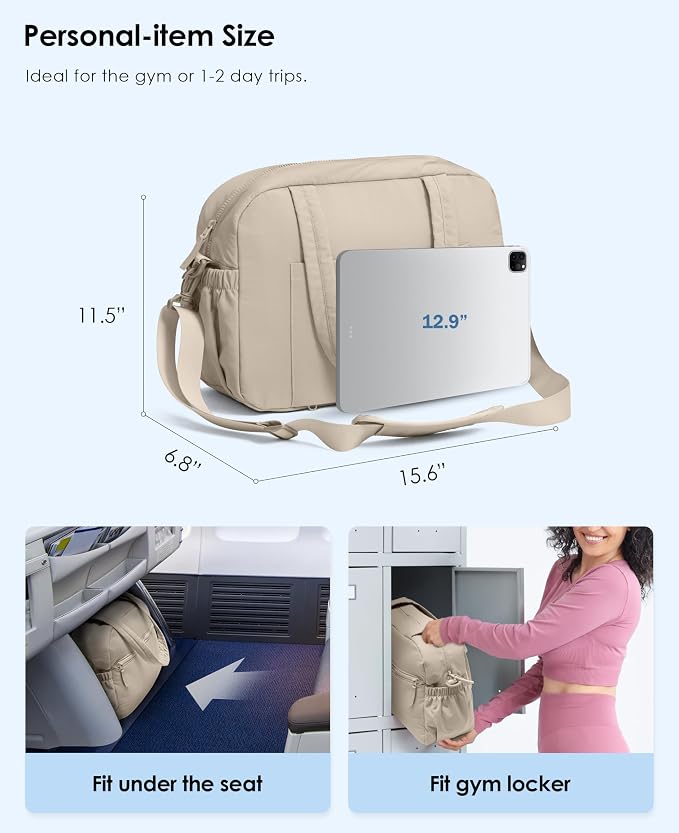 Gym Bag for Women, Travel Duffle Bags with Wet Pocket, Lightweight Carry on Bag Overnight Weekender Duffel Bag, Water Resistant (Khaki Ash)