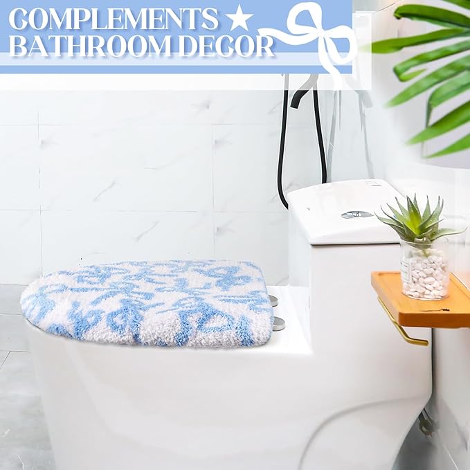 Blue Bow Toilet Lid Cover Washable Coquette Cute Plush Toilet Cover for Bathroom Decor Soft Microfiber 17.5 x 15 Inch Non Slip Rubber Backing Fits Most Round, Elongated