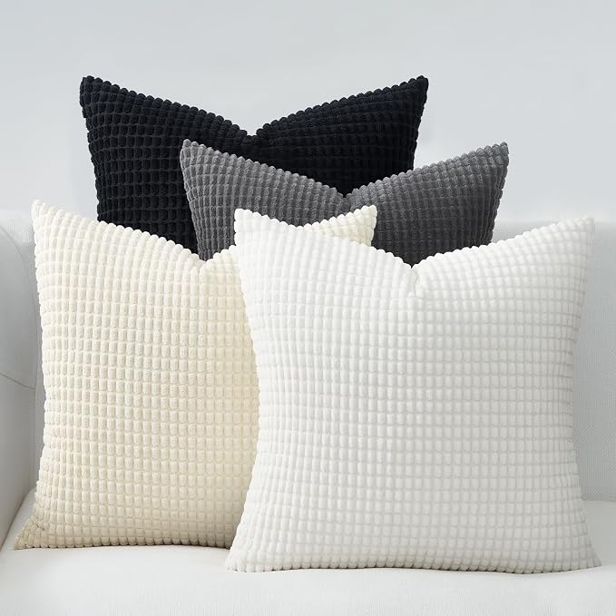 Topfinel 4 Packs Black and White Decorative Throw Pillow Covers 16x16 Inch for Living Room Couch Bed Sofa, Boho Western Farmhouse Home Decor, Square Soft Moss Corduroy Fall Cushion Case 40x40 cm