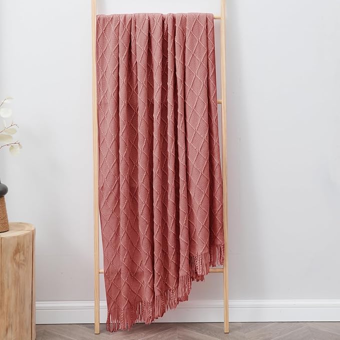 inhand Coral Pink Knitted Throw Blanket for Couch and Bed, 50"x60" | Gifts for Mom from Daughter Son, Soft Lightweight with Tassel, Farmhouse Warm Decorative Blanket for Women, Cozy Knit