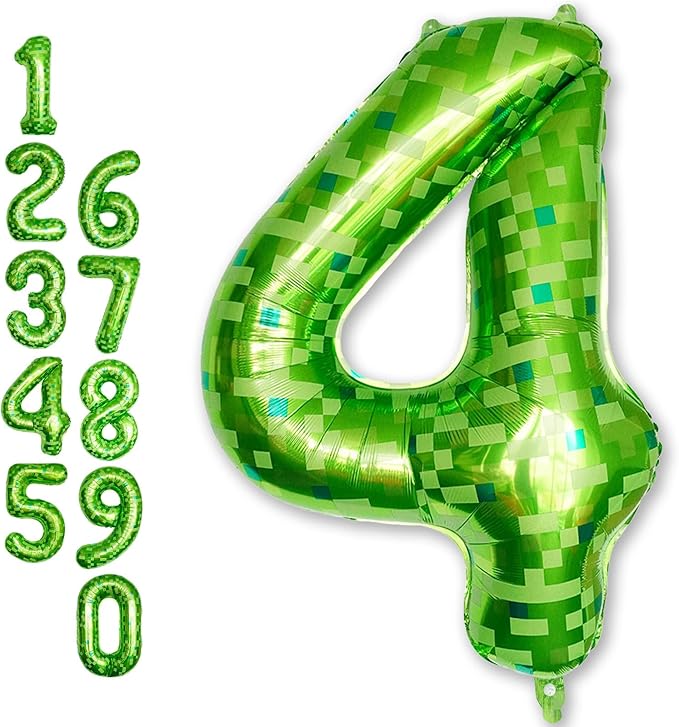 Number 4th Birthday Balloon Lime Green Pixel, 40 Inch Large Dark Kelly Green Number 4 Foil Balloons for Boys Four Year Old Birthday Video Game Forest Golf Theme St. Patrick's Day Party Decorations