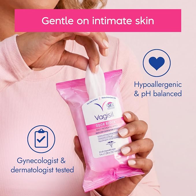 Vagisil Odor Block Daily Freshening Wipes for Feminine Hygiene in Resealable Pouch, Gynecologist Tested & Hypoallergenic, 20 Wipes (Pack of 3)