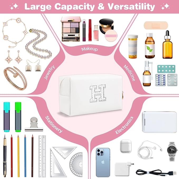 Bride Gifts – Personalized Initial Makeup Bag with Pearl Rhinestone Patch, Preppy White Monogram Cosmetic/Toiletry Pouch, bridesmaid Gifts, Bridal Shower Gifts, Wedding Gifts, Bridal Gifts,H