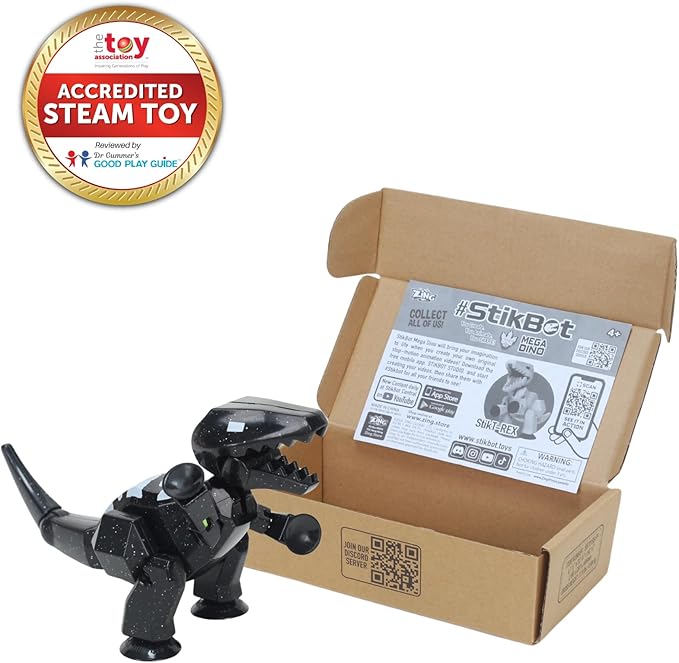 Zing Stikbot MEGA Dino T-Rex Single (Space Black), 6" Long x 3" Tall StikBot, Create Stop Motion Animation, Age 4+