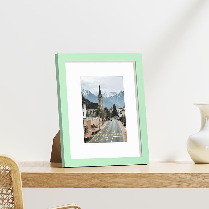 Vittanly 8x10 Picture Frames Set of 9, Wall & Tabletop, Light Green | Display Pictures 5x7 with Mat or 8x10 without Mat, Small Photo Frames, Engineered Wood with Shatter Resistant Plexiglass