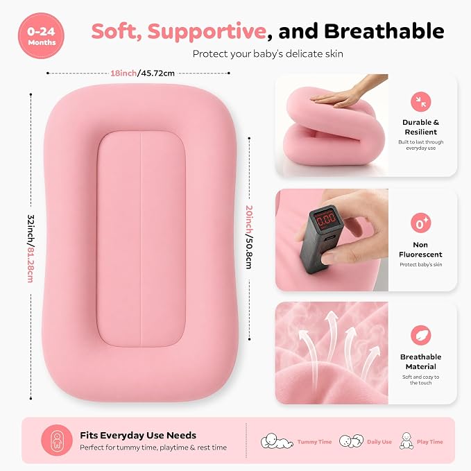 Baby Lounger for Newborns 0-24 Months, Soft Breathable Cotton Infant Support Cushion for Tummy Time & Play, Portable Infant Lounger, Baby Essentials - Dusty Rose (Cover Included)
