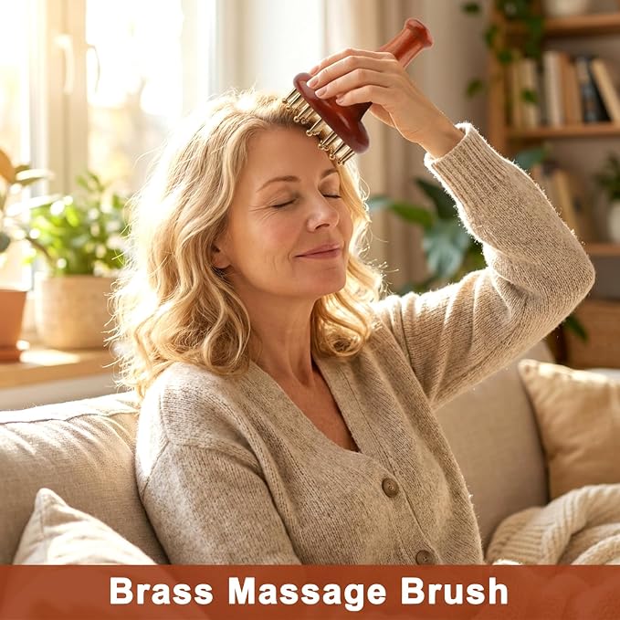 29 Teeth Copper Head Massage Comb for Body and Scalp, Include Sandalwood Triangle Tool, Meridian Point Massager Brush for Belly, Wooden Ergonomic Handle Design, Chinese SPA Gua Sha Tool for Body