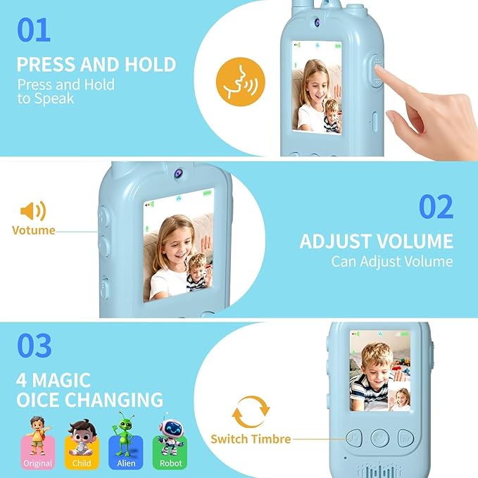 Video Walkie Talkies, Kids Adventure Toys with Screen, Video Walkie Talkies for Kids with Voice Changer, Durable Walkie Talkie Toys Gifts for Indoor Outdoor Missions Ages 3-12 (Blue)