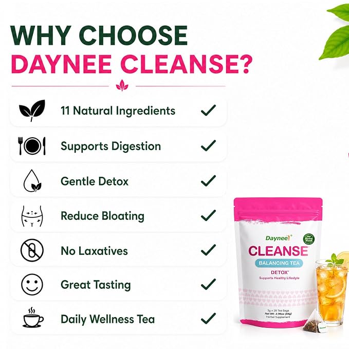 Daynee Cleanse Balancing Tea – Daily Wellness Herbal Tea Bags with Dandelion, Green Tea & Yerba Mate, Digestive Support & Natural Energy, Detox Tea, Vegan, 28 Count