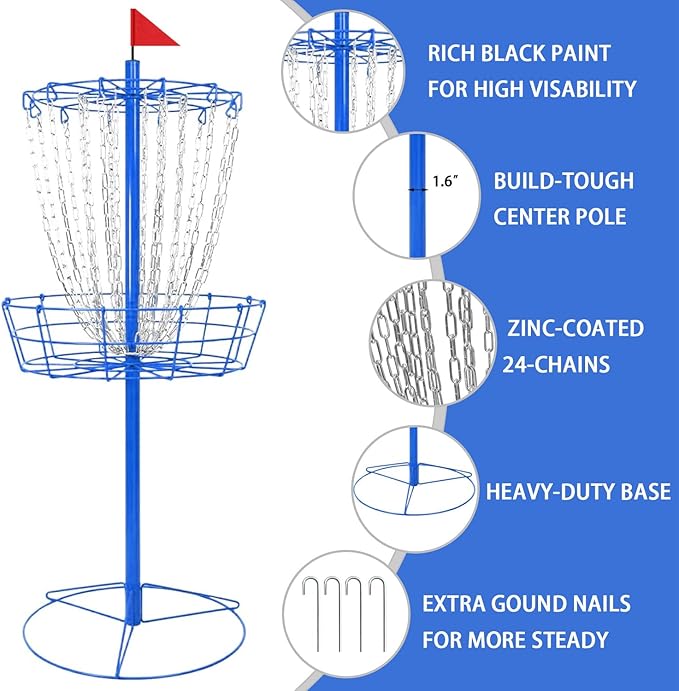TARUMG Disc Golf Basket - Portable Disc Golf Target with Heavy Duty 24-Chains Come with Transit Bag and 3pcs Disc Golf Discs, Ground Stake -Suitable for Players of All Levels - Multi Color Available