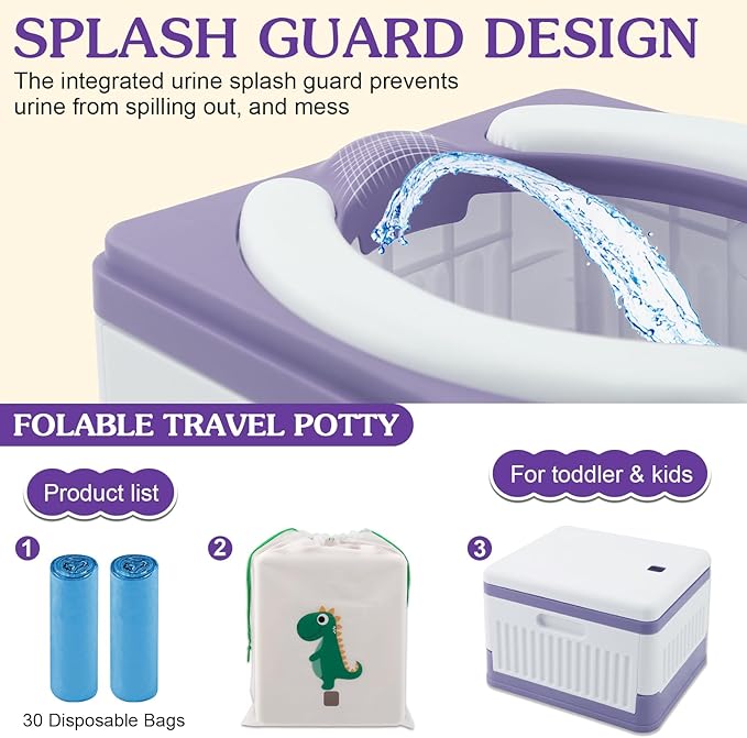 Fabulas Portable Potty for Toddler Travel, Foldable Travel Potty Training Toilet Seat for Kids Boys Girls, Emergency Mobile Toilet In Car for Camping, Outdoor, Indoor, with 30 Disposable Bags, Purple