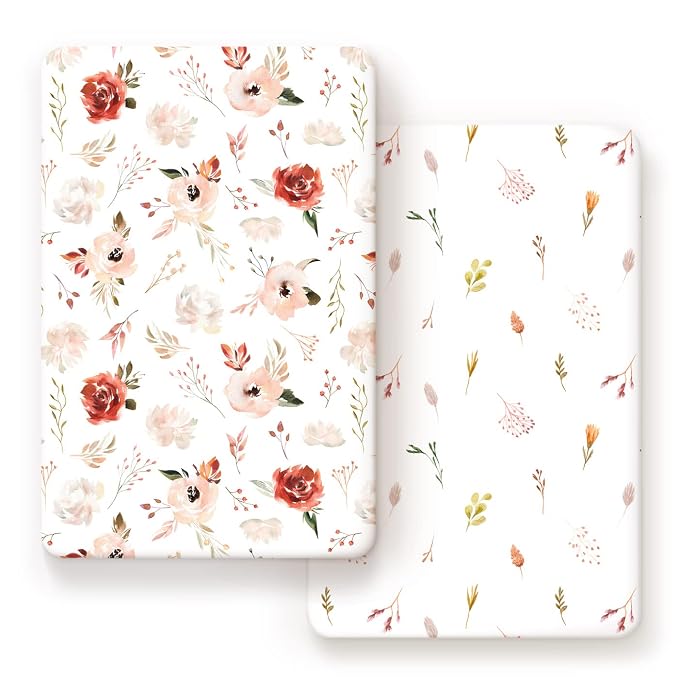 Stretchy Ultra Soft Jersey Knit Pack n Play Sheets Set 2 Pack, Portable/Mini Crib Sheets with Deep Pocket, Universal Fit Playard Pads Safe and Snug, Pretty Rose Flora for Girls, Orange Pink