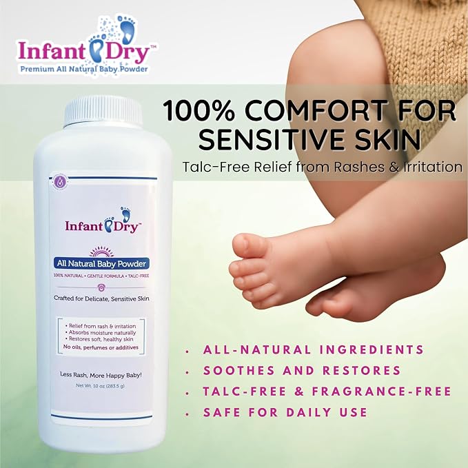Infant Dry All Natural Baby Powder 10 Oz - Gentle Formula Talc Free, All Natural and Unscented Dusting Powder for Sensitive Baby Skin