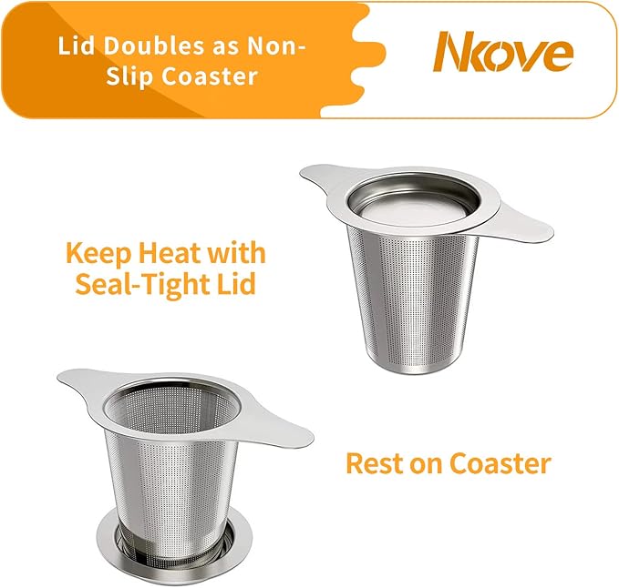 NKOVE Universal Tea Infuser with Lid Stainless Steel Filter Fits Mugs Cups Teapots Food Grade, Ultra-Fine Mesh, 304 Stainless Steel, Ideal for Loose Leaf Tea - Rooibos, Black, Herbal, Green