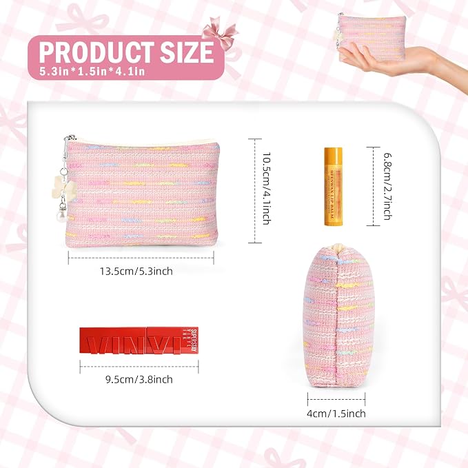 Mini Makeup Bag, Small Bow Tie Cosmetic Bag for Purse with Keychain, Portable XS Travel Makeup Pouch for Daily Use (Colorful Lines-Blue)