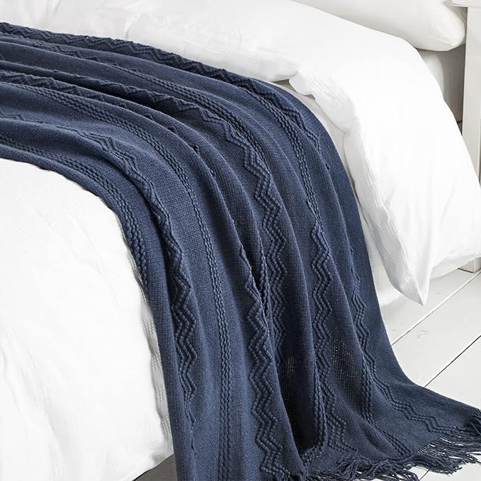 BOURINA Navy Throw Blanket 50x60 Inch Boho Knitted Soft Throw Sofa Blanket | Knitted Throw Blanket 50x60 Inches, Soft Lightweight Boho Weave Throw Decorative Couch Blanket for Living Room Bedroom Chair