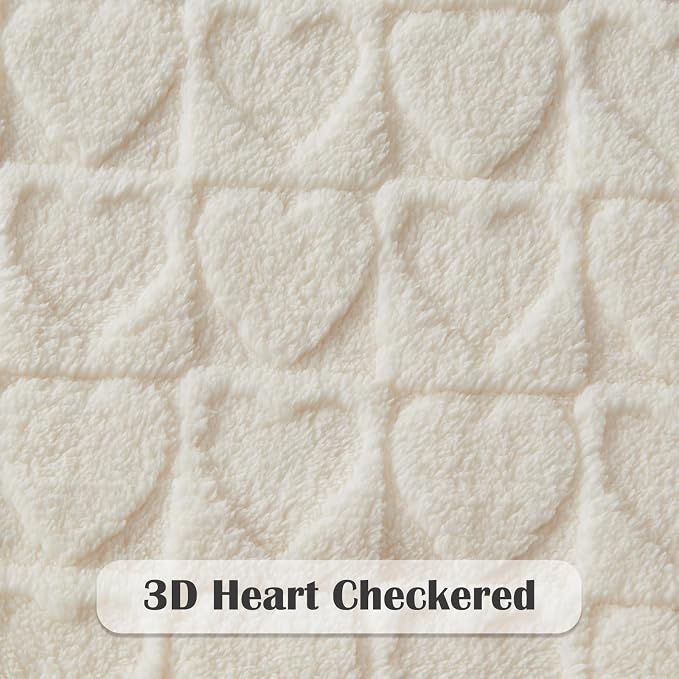 NEWCOSPLAY 3D Heart Checkered Flannel Twin Blanket, Off White, 60"x80" | Super Soft Cute Lightweight Decorative Premium Silky Fleece Blanket for Couch Sofa Bed, Gift for Women Men, All Season Use