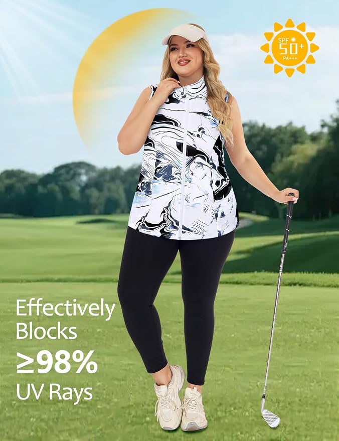 Misyula Style Plus Size Womens Golf Shirt Full-Zip with Pockets Tank Tops | Sleeveless, Quick Dry, Moisture-wicking, Lightweight Vests, Athletic, Tennis, Running, Workout, Casual, Travel, Work