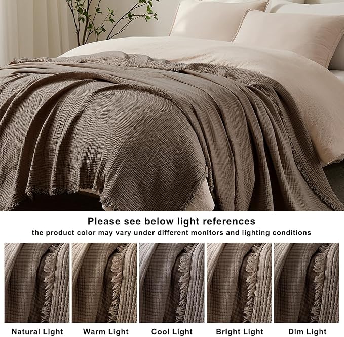 WDCOZY 100% Cotton Muslin Blanket Queen Size 4-Layer for Bed Breathable Lightweight Soft Large Boho Farmhouse Linen Tassels Ruffle Gauze Blankets 90x90 Inches Brown Mocha Chocolate Coffee Taupe
