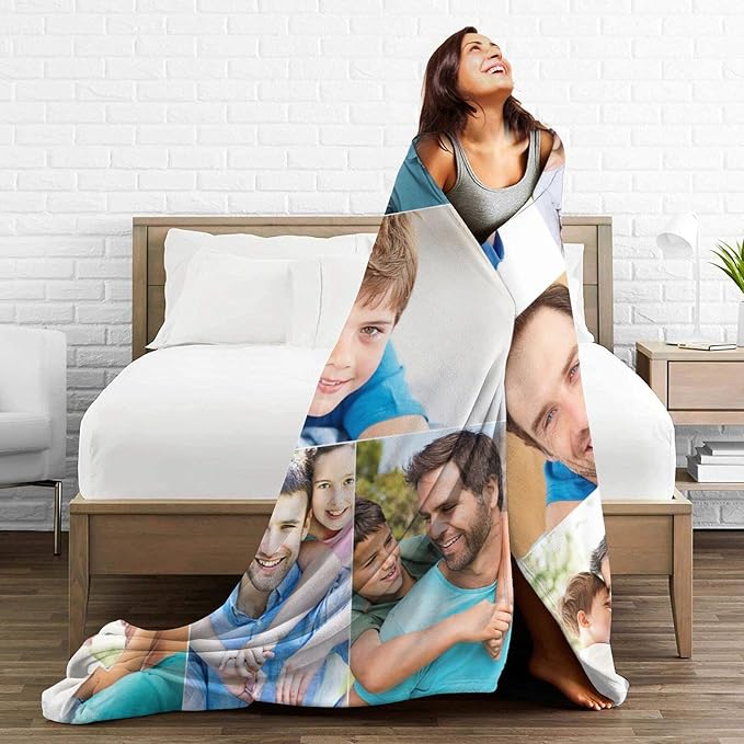 QETXVI Custom Blanket with Photos Text Customized Blanket Personalized Flannel Throw Blankets for Adult Kid Birthday Christmas Halloween Fathers Mothers Valentines Gift - 60"x 80"
