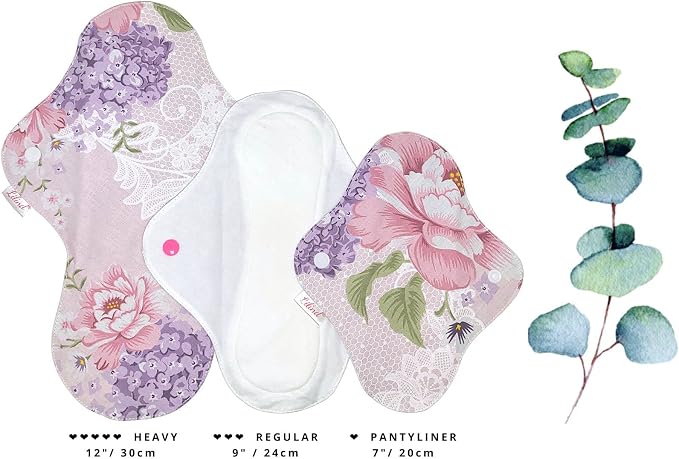 Lilind® 6 Pack Organic Cloth Pads, Regular 9 inch 100% Cotton Reusable Menstrual Sanitary Napkins, Complete Set, Zero Waste