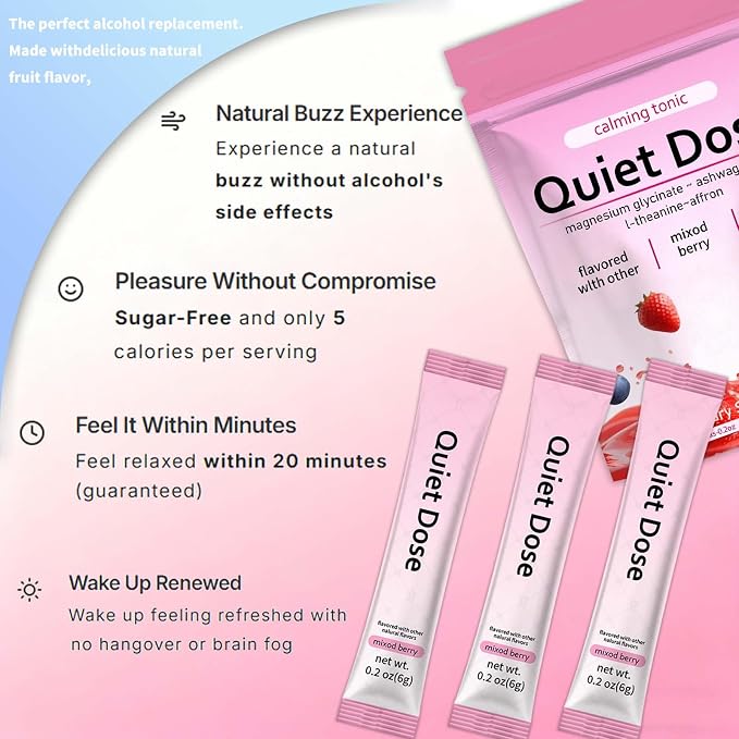 Quiet Dose calm magnesium powder, cortisol reducer supplement, calming drink powder with Magnesium Glycinate, Ashwagandha, L-Theanine, Vitamin D3, | Vegan, Non-GMO, Berry Flavor