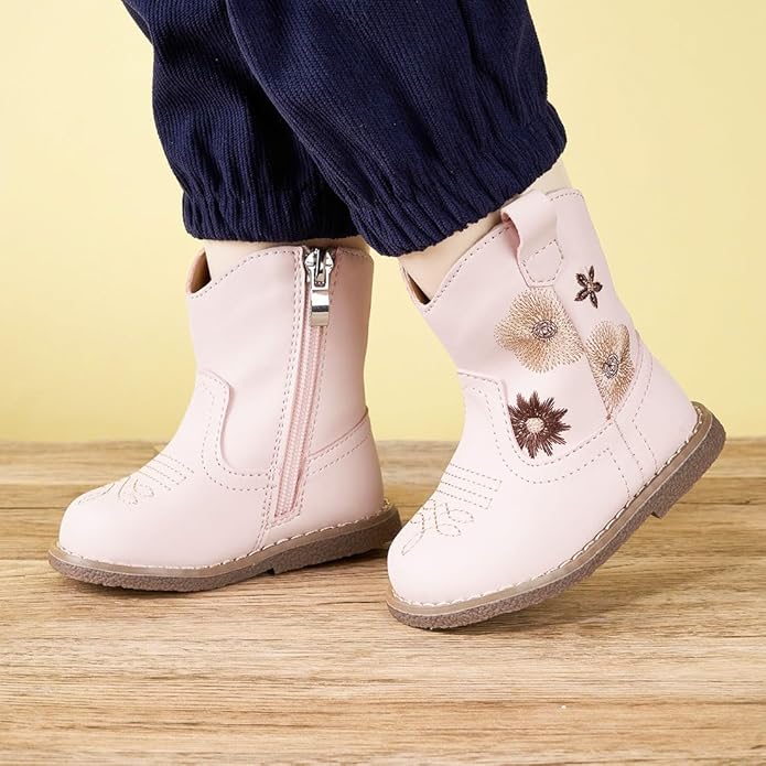 Newsonet Baby Cowboy Cowgirl Boots Infant Western Boots Toddler Boys Girls Round Toe Riding Mid Calf Boots All Seasons for 6 9 12 18 24 Months