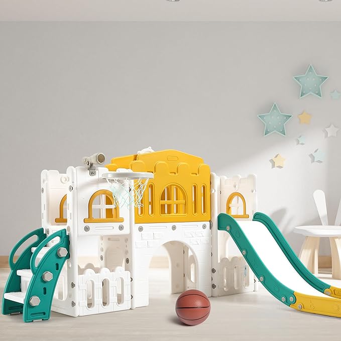 8 in 1 Toddle Slide Playset, Indoor Playground for Kids 1-3， Toddle Outdoor Playset with Slide, Climber, Tunnel, Basketball Hoop, Storage Space and Telescope for for Boys Girls, Orange