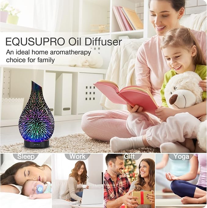 Aromatherapy Essential Oil Diffuser for Home- Art Glass Diffuser for Essential Oils with Waterless Auto Shut-Off 4 Timer 7 Colors LED Night Light for Home Office Decor Gifts for Women