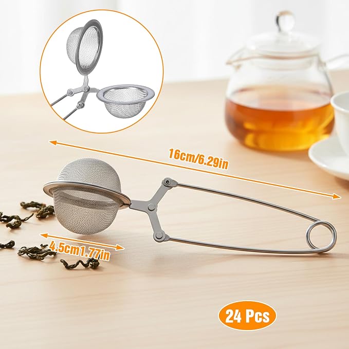 24 Pcs Reusable Tea Infuser Steeper Strainers for Loose Tea Filter Holder, Metal Stainless Steel Mesh Ball with Handle Tong Pincer Steeper for Tea Bag, Silver