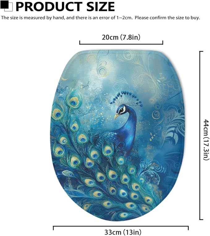 Peacock Toilet Seat Cover for Bathroom Animal Peacock Toilet Seat Pads Dust Cover Reusable Replacement Fabric Elastic Universal Fit Elongated Oval Round Lid,Easy to Clean
