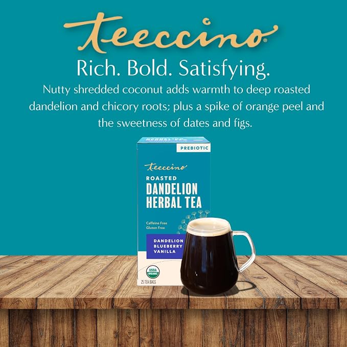 Teeccino Dandelion Blueberry Vanilla Herbal Tea - 25 Tea Bags - Rich & Roasted Herbal Tea That’s Caffeine Free & Prebiotic for Natural Energy, Coffee Alternative