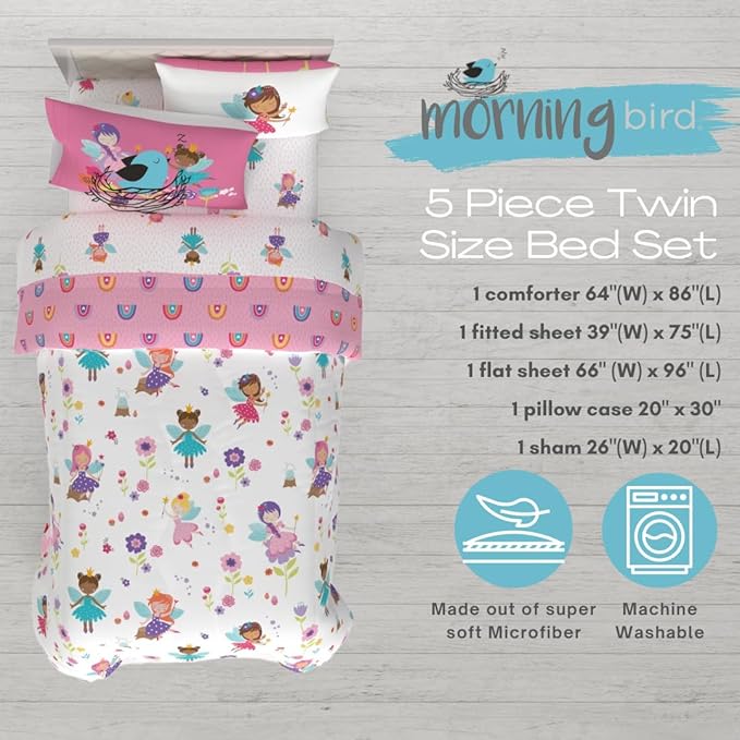 Morning Bird Princess Fairy Kids Bedding Super Soft & Cozy Reversible Microfiber Comforter and Sheet Set with Sham, 5 Piece Twin Size, By Franco