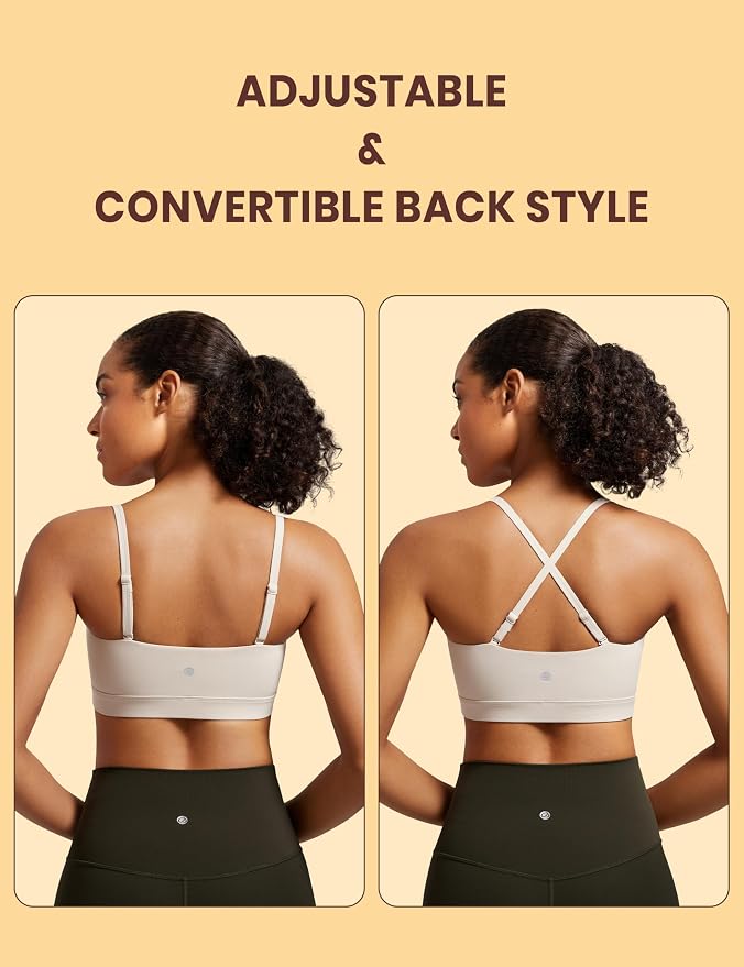 CRZ YOGA Butterluxe Womens Adjustable Spaghetti Thin Strap Sports Bra - Padded Wireless Square Neck Workout Yoga Clothes