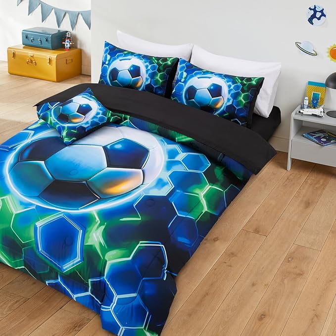 A Nice Night Twin Size 6 Pieces Football Comforter Set for Boys Girls Kids Geometric Lightweight Bedding Sets Bed in A Bag for All Seasons,Bluegreen